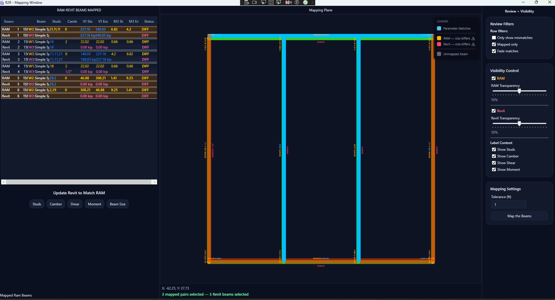 R2R mapping window overlaying RAM and Revit framing and highlighting parameter differences